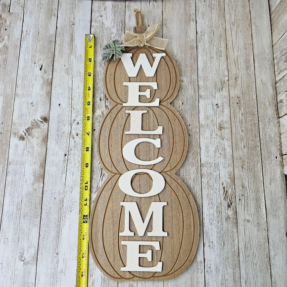 Pumpkin Welcome Sign Brown White - Picture 1 of 6